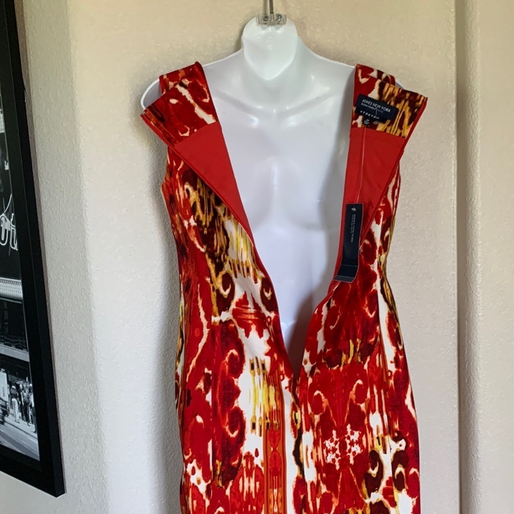 Jones New York dress Woman's, 4P Orange red print sheath, sleeveless, zip NWT - Picture 4 of 14